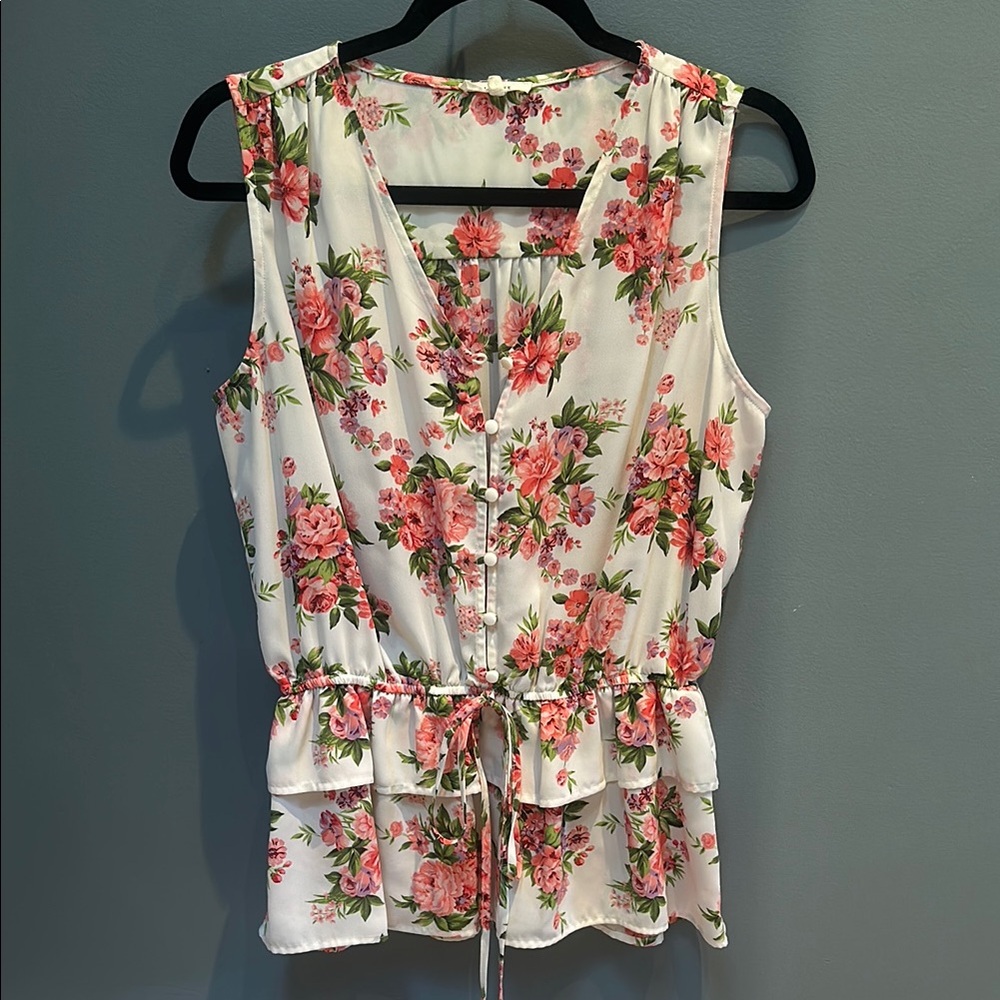 Pleione Pink and Cream Sleeveless Peplum Blouse
